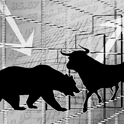 Grafische Silhouetten vom Stier und vom Bären der Börse